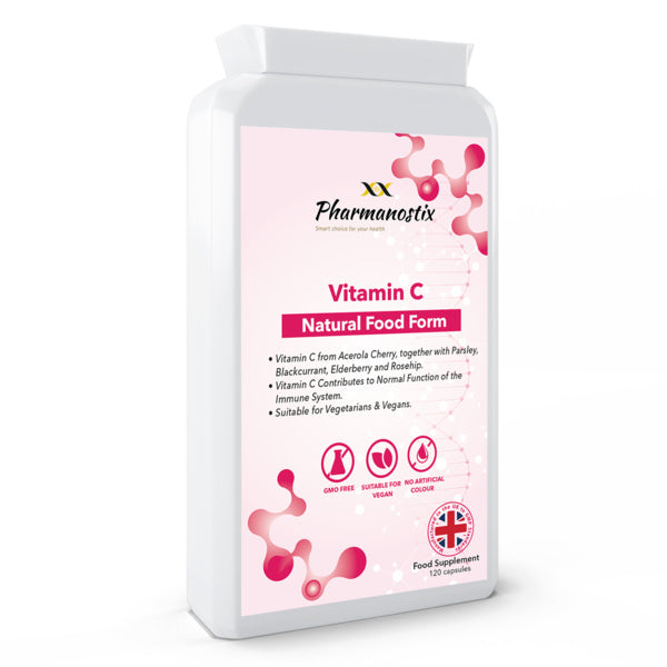 Pharmanostix Natural Food Vitamin C supplement 120 capsules, imported from the UK