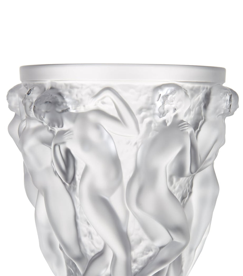 Lalique crystal vase with embossed Bacchus design 24cm height, UK version