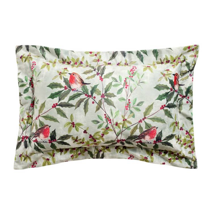 Argos Home velvet cushion sage green robin holly 50x30cm (British brand)
