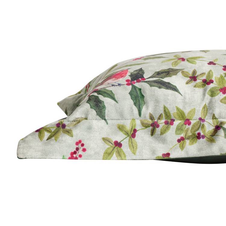 Argos Home velvet cushion sage green robin holly 50x30cm (British brand)