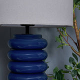 BHS ribbed glass table lamp blue fabric shade, imported from the UK