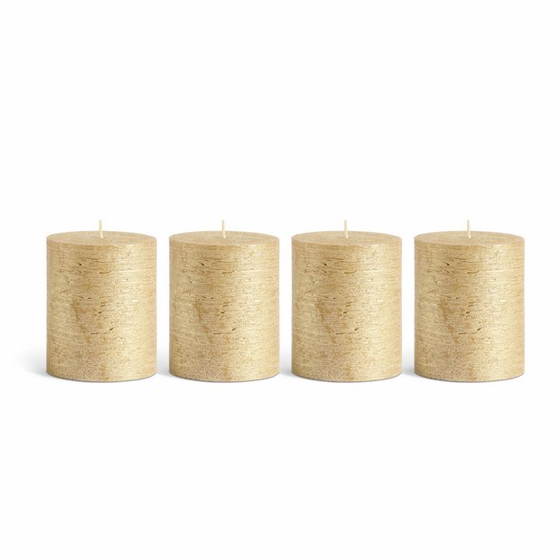 Argos Home pack of 4 unscented gold pillar candles - British product