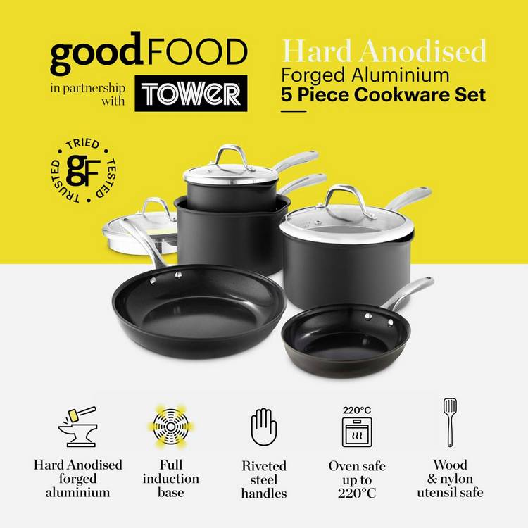 Good Food 5-piece hard anodised pan set, imported from the UK
