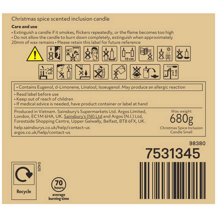 Argos Home Christmas Spice inclusion candle 10.2cm, imported from the UK