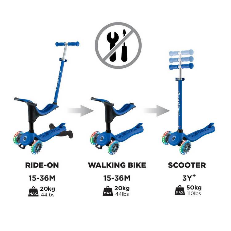 Globber Go Up Sporty Lights 360 ride-on navy blue - British product