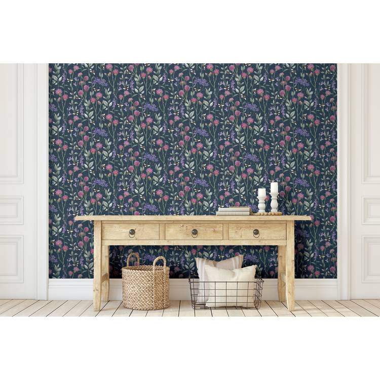 Arthouse Bumblebee Meadow Wallpaper navy blue - British product