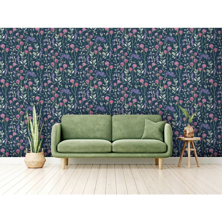 Arthouse Bumblebee Meadow Wallpaper navy blue - British product