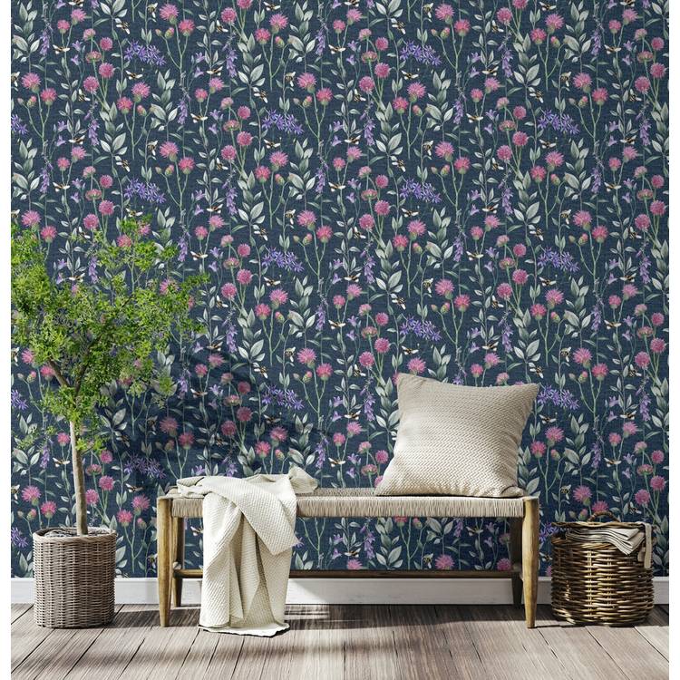 Arthouse Bumblebee Meadow Wallpaper navy blue - British product
