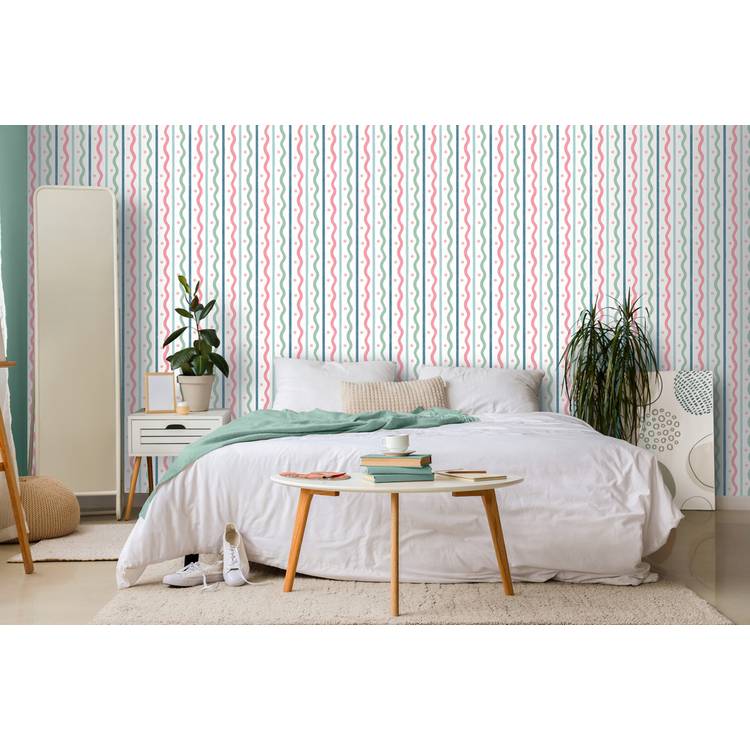 Arthouse Esselle squiggle stripes wallpaper pink multi (British brand)