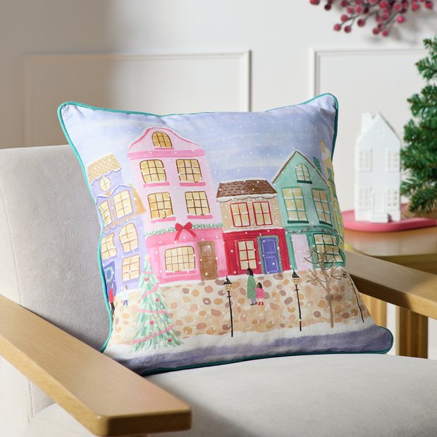 Argos Home Christmas cushion lilac houses scene 43x43cm (British brand)