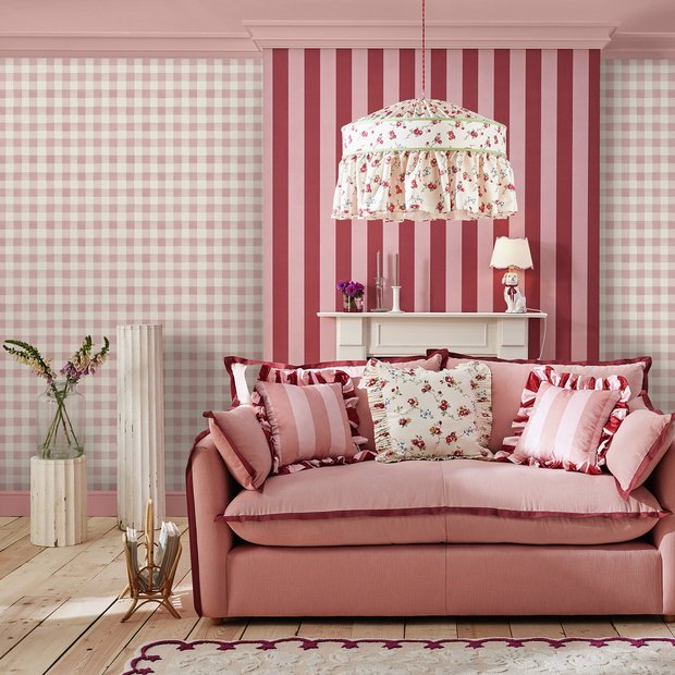 Cath Kidston painted gingham pink wallpaper (British brand)