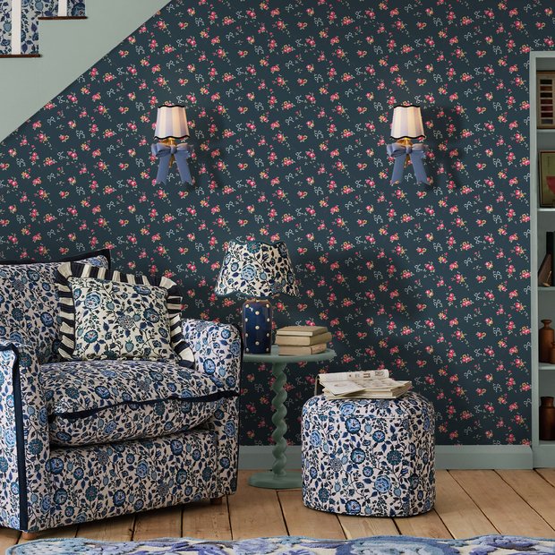 Cath Kidston Rose and Bows navy blue wallpaper - British product