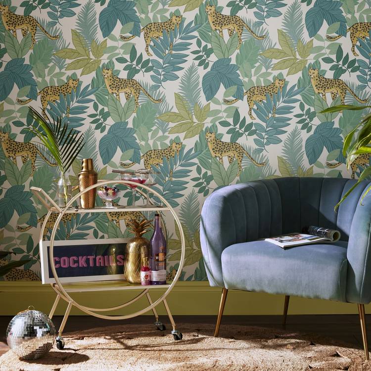 Envy Cheetin Day green wallpaper roll, imported from the UK