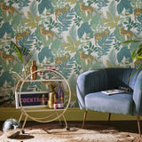 Envy Cheetin Day green wallpaper roll, imported from the UK
