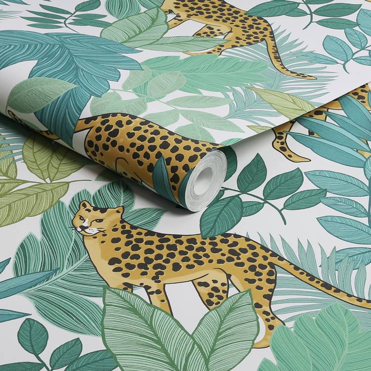 Envy Cheetin Day green wallpaper roll, imported from the UK