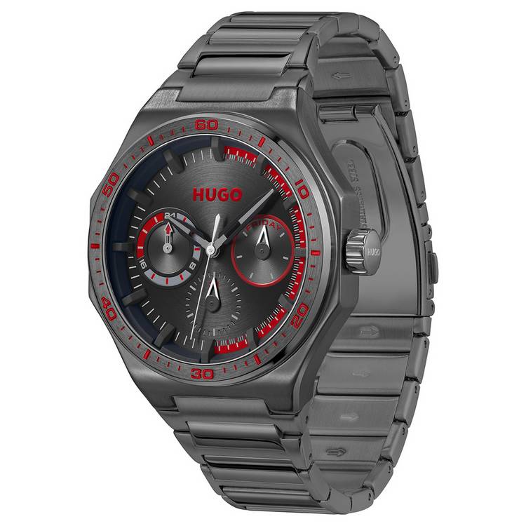 HUGO Grail Sport watch with grey stainless steel bracelet 44mm (British brand)