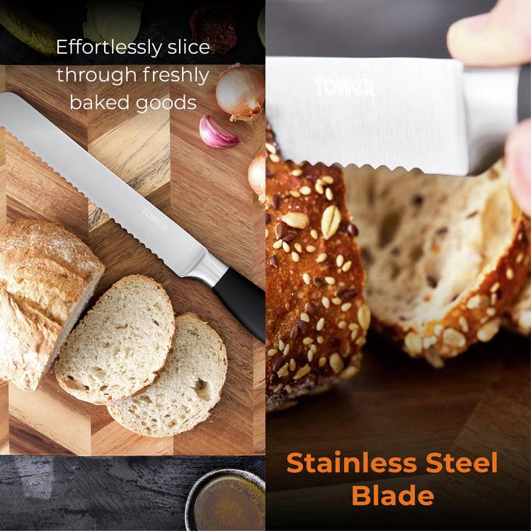 Tower soft grip bread knife black and silver 20cm, imported from the UK