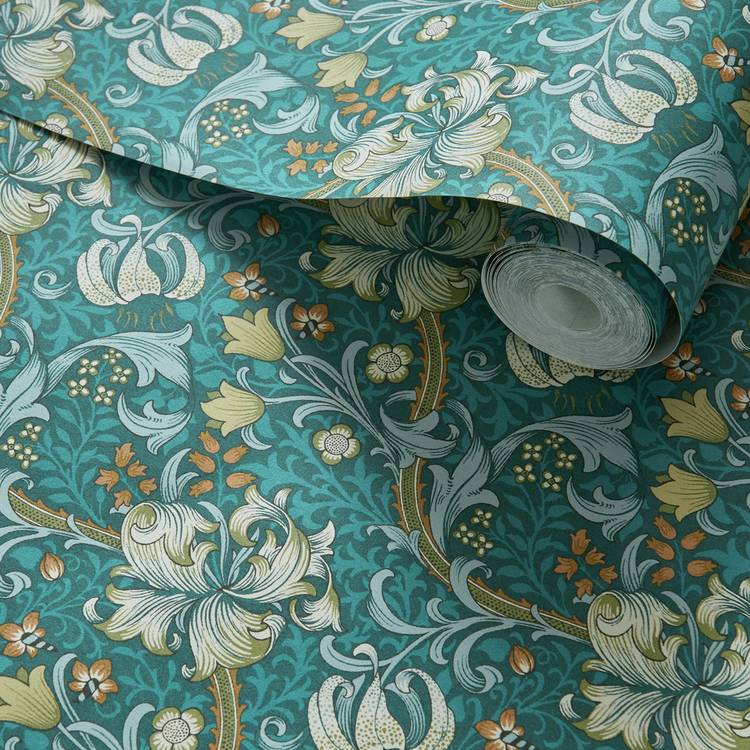 Clarke & Clarke Golden Lily teal blue wallpaper roll - British product