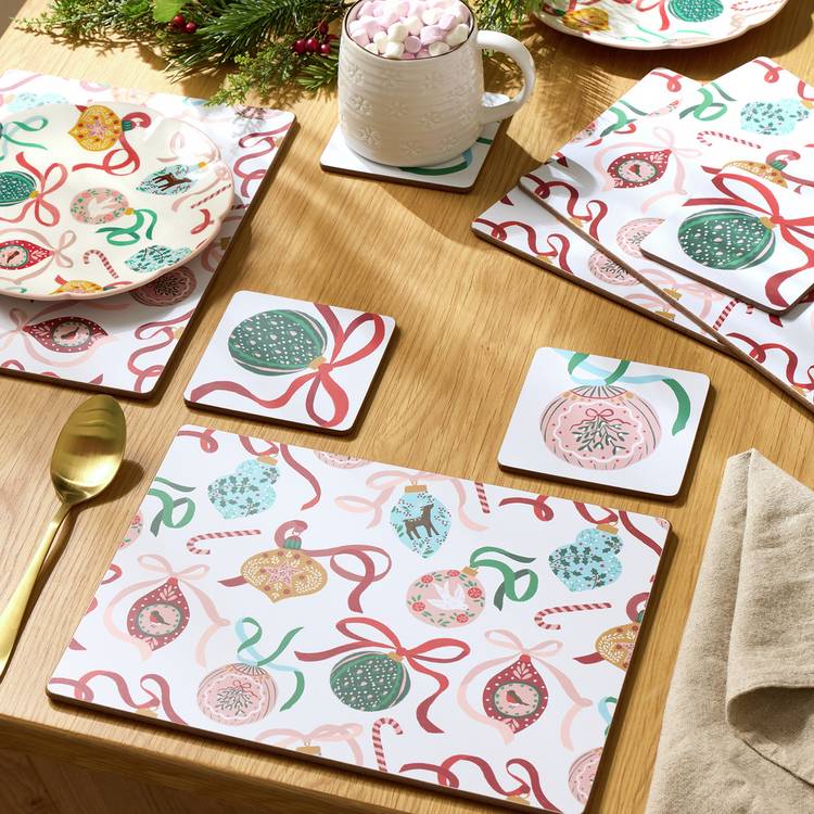 Argos Home bow bauble placemat and coaster set, imported from the UK