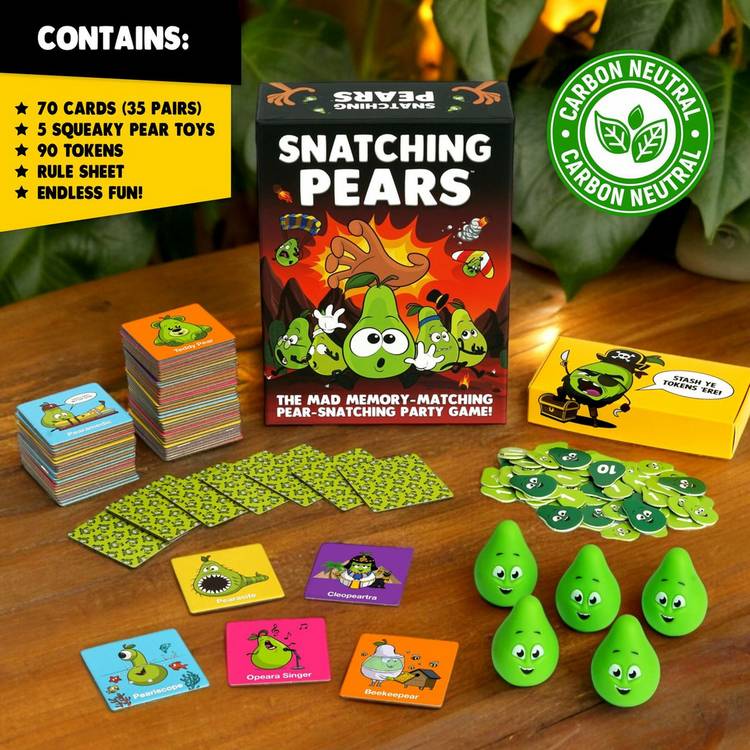 Snatching Pears card game with 5 squishy pears, UK version