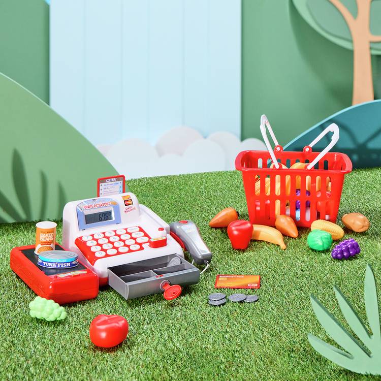 Chad Valley cash register toy with play food, UK version