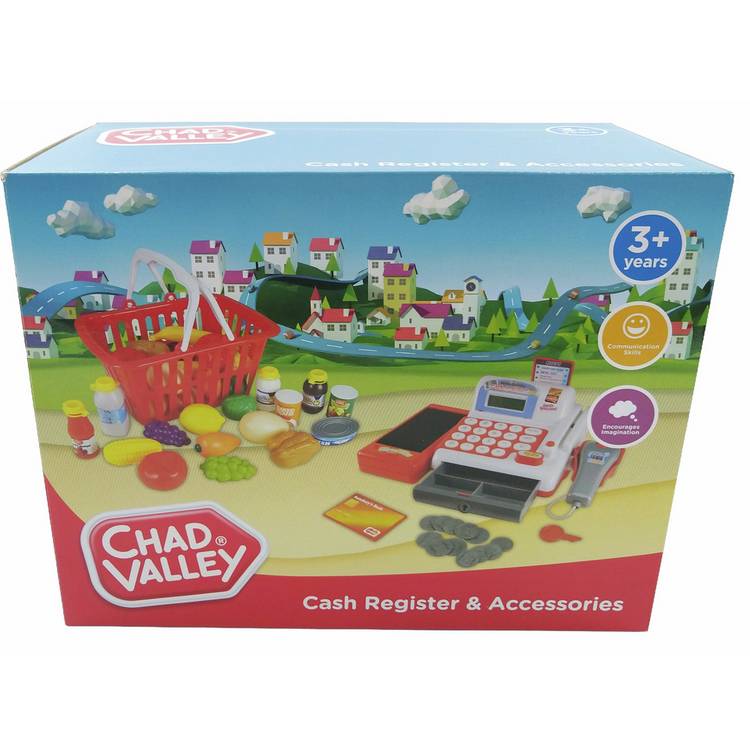 Chad Valley cash register toy with play food, UK version