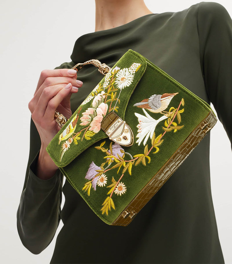 Aspinal of London midi velvet embroidered Mayfair top-handle bag (British brand)