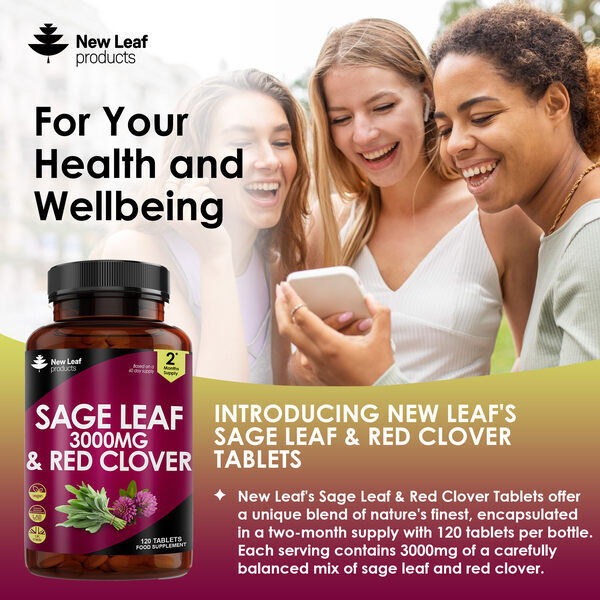 New Leaf sage red clover tablets 3000mg 120, imported from the UK