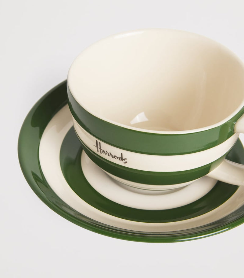 Harrods green stripe cup and saucer set, fine bone china - British product