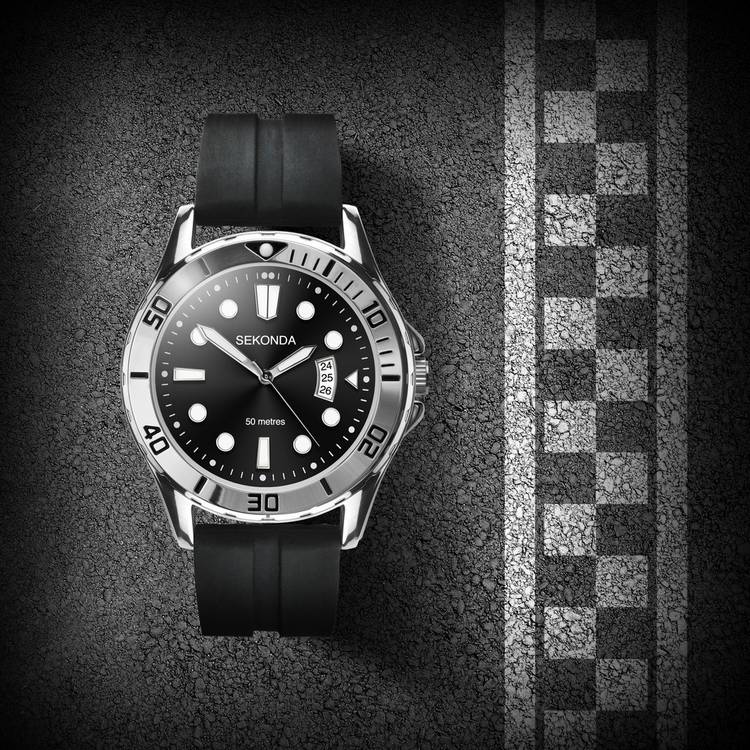 Sekonda men's sports watch black silicone strap, UK version
