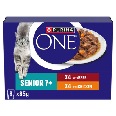 Purina ONE senior cat food chicken beef 8x85g, imported from the UK