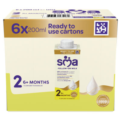 SMA follow-on baby milk 6 months+ multipack 6x200ml (British brand)