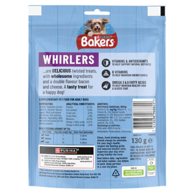 Bakers Whirlers dog treats bacon and cheese 130g, UK version