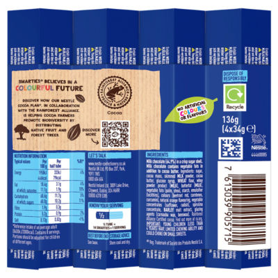 Smarties milk chocolate tubes 4 pack 136g (British brand)