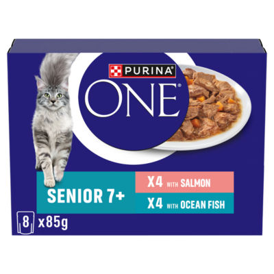 ASDA Purina Senior 7+ Mini Fillets Salmon & Ocean Fish Wet Cat Food 8x85g- Buy online at McGrocer