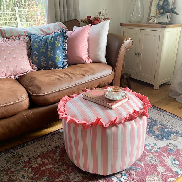 Rucomfy fabric pouffe pink and white stripes, British brand
