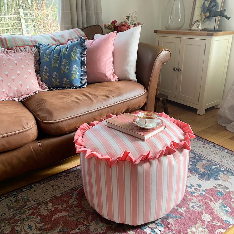 Rucomfy fabric pouffe pink and white stripes, British brand