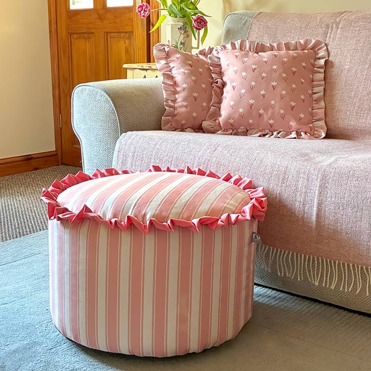 Rucomfy fabric pouffe pink and white stripes, British brand