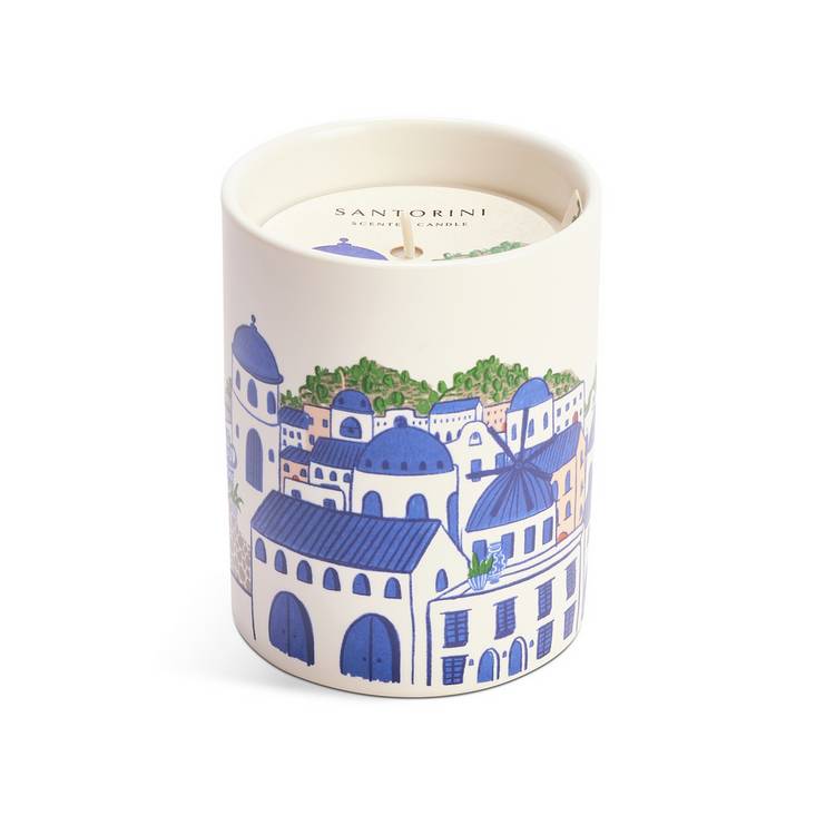 Habitat Santorini ceramic candle in blue and white holder, imported from the UK