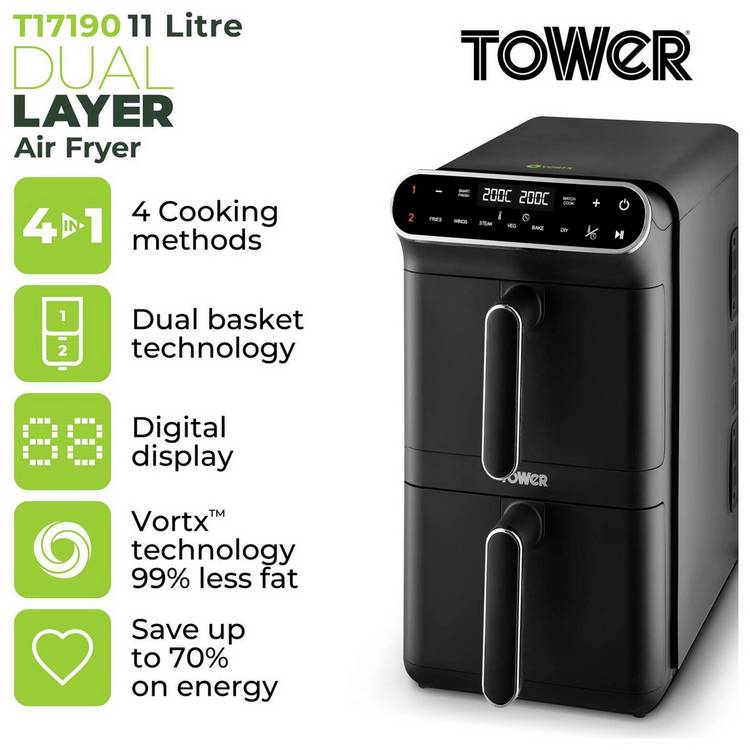 Tower T17190 Twin Stack air fryer 11L black - imported from the UK