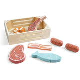 Chad Valley wooden food crate meat and fish set, UK version
