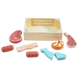 Chad Valley wooden food crate meat and fish set, UK version