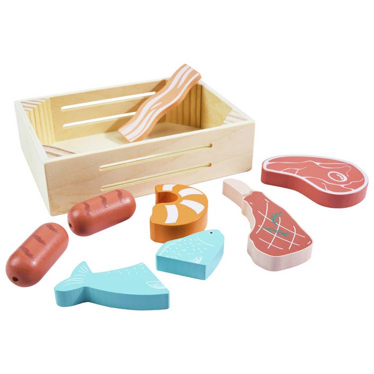 Chad Valley wooden food crate meat and fish set, UK version