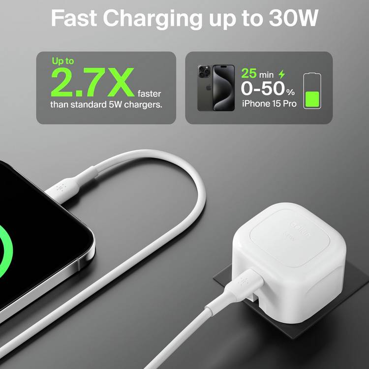 Belkin 30W USB-C fast wall charger white folding pins (British brand)