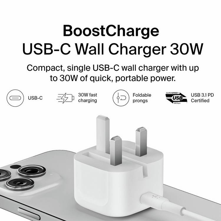 Belkin 30W USB-C fast wall charger white folding pins (British brand)