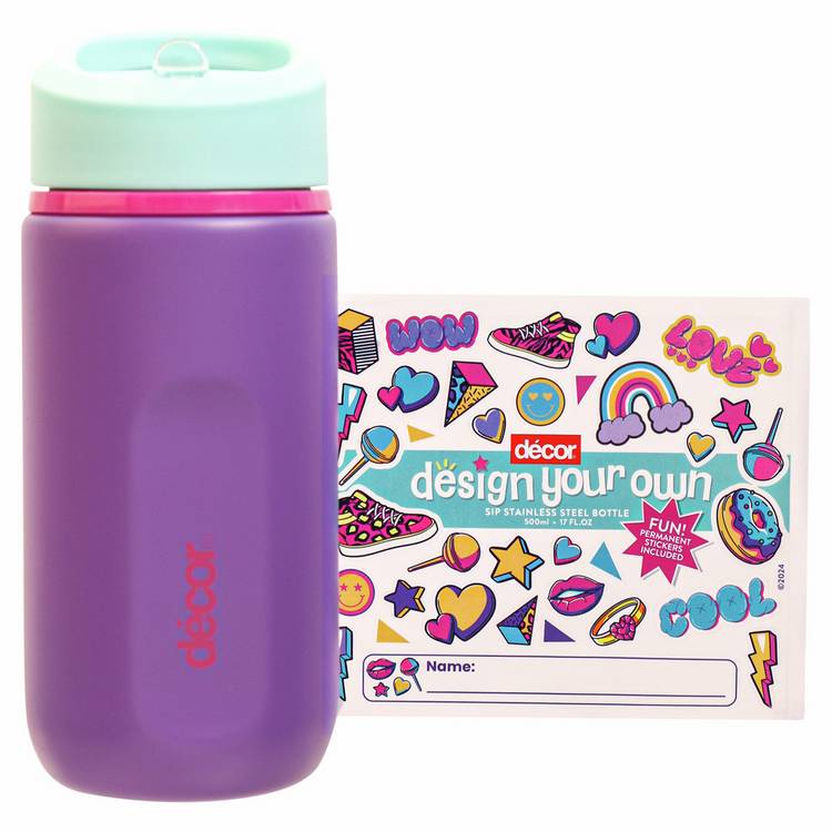 Decor purple kids water bottle with stickers 500ml, UK version
