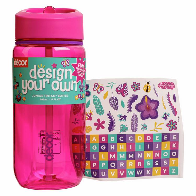 Decor pink kids water bottle with stickers 500ml (British brand)