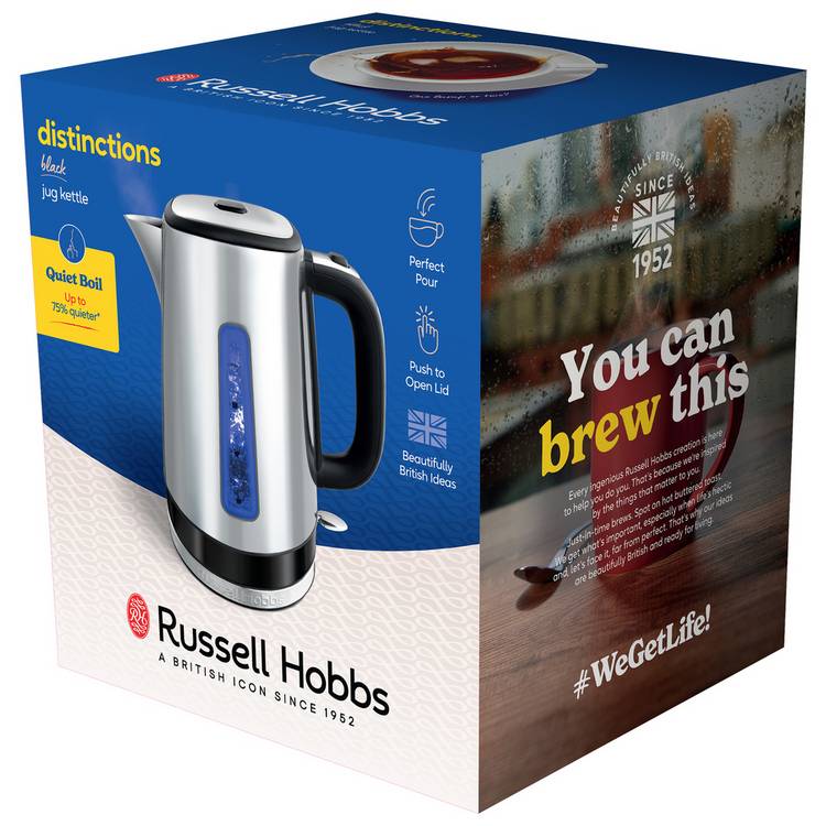 Russell Hobbs quiet boil kettle black 1.7 litre, imported from the UK