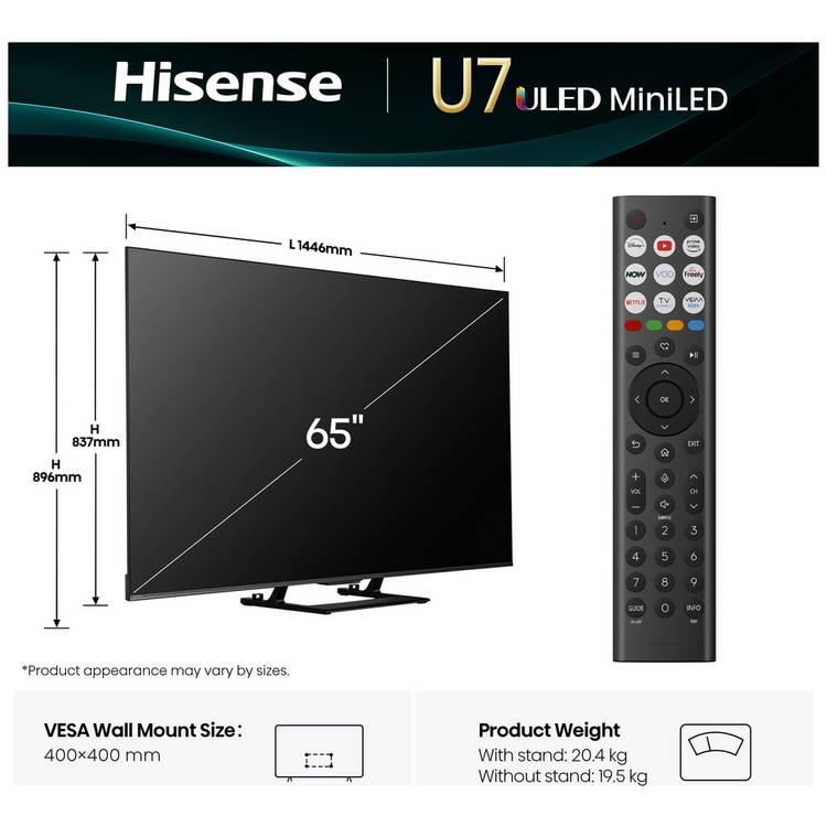 Hisense Smart TV 65U7QTUK 65 inch (British brand)