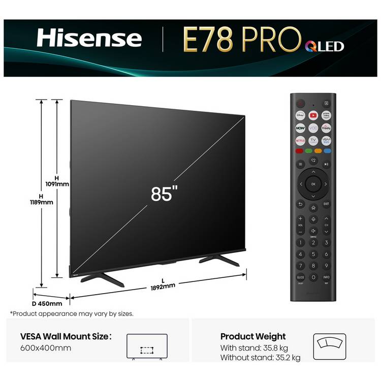Hisense 85 inch 85E78QTUK PRO QLED TV - British product